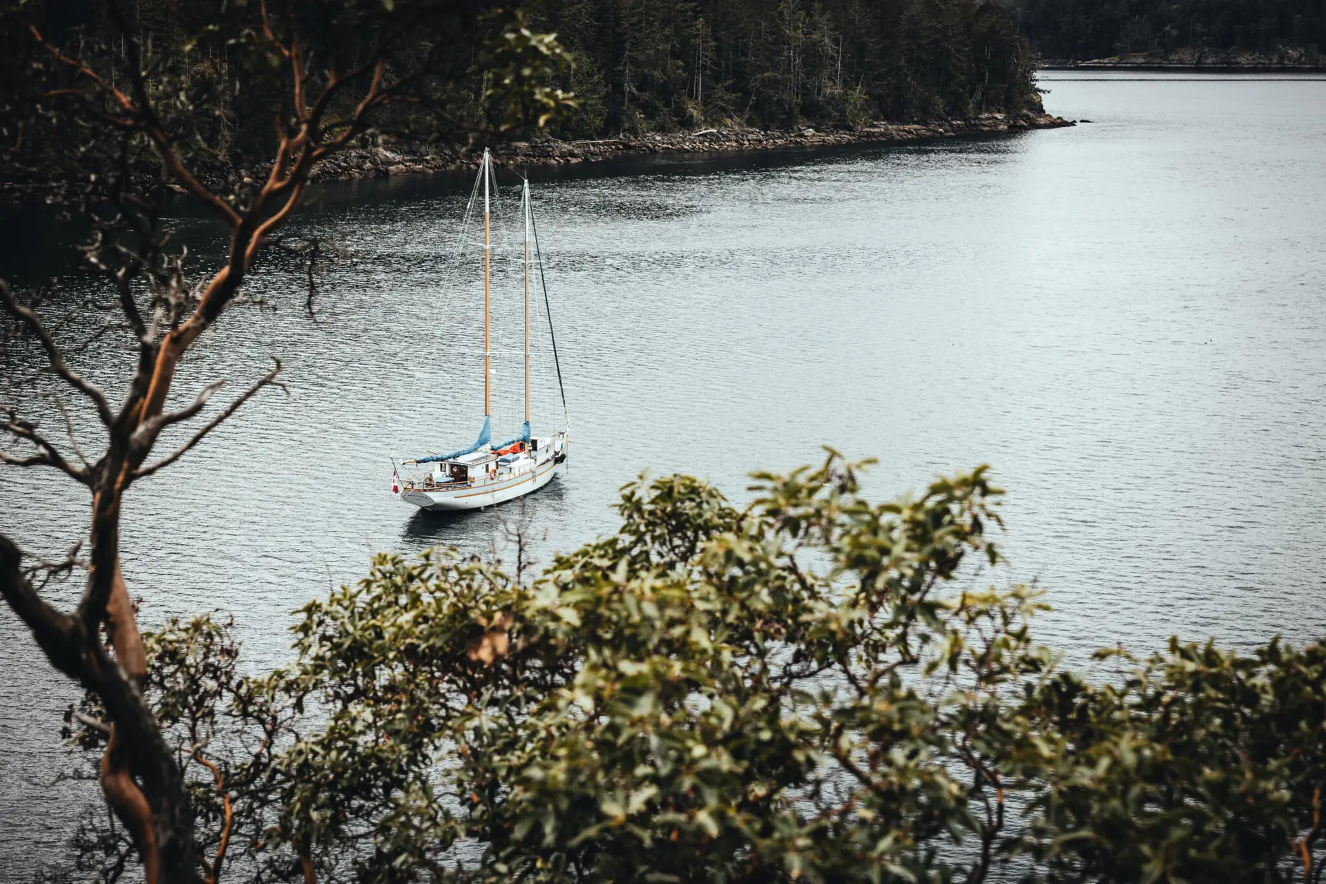 A sail boat anchored in a cove in the Gulf Islands